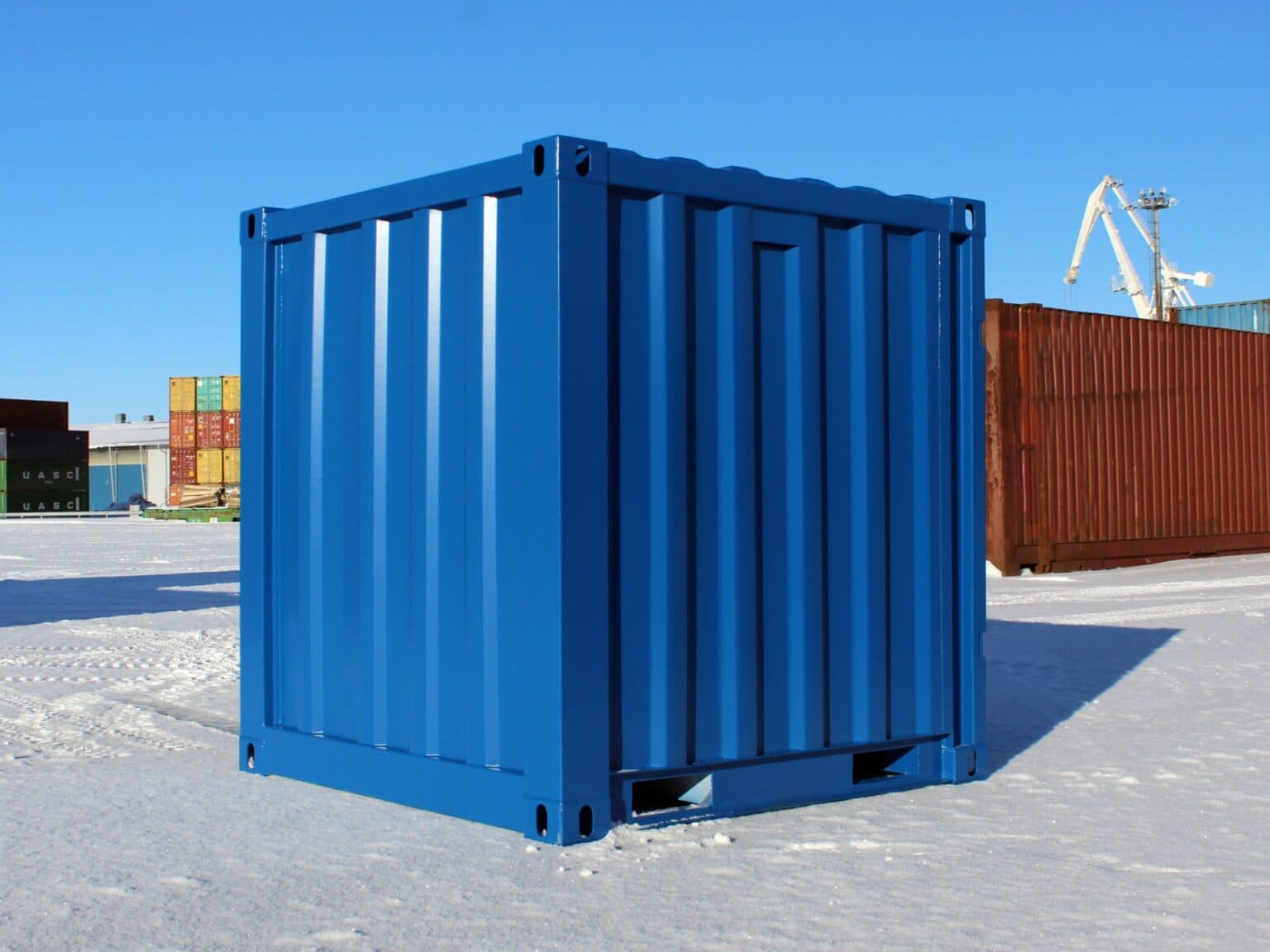 Blue shipping container in our yard